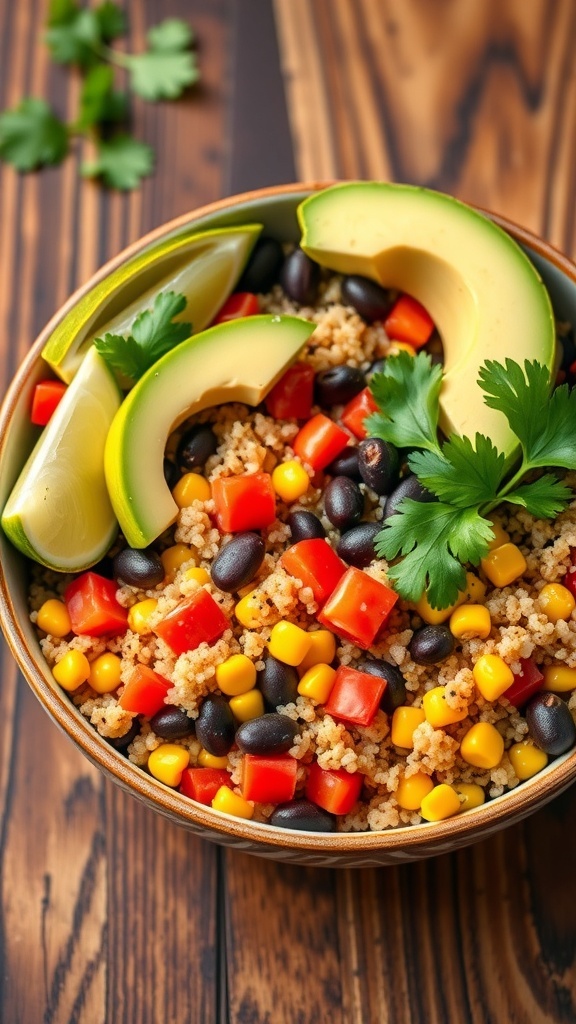 A vibrant quinoa Mexican bowl with black beans, corn, bell peppers, avocado, and cilantro on a wooden table.